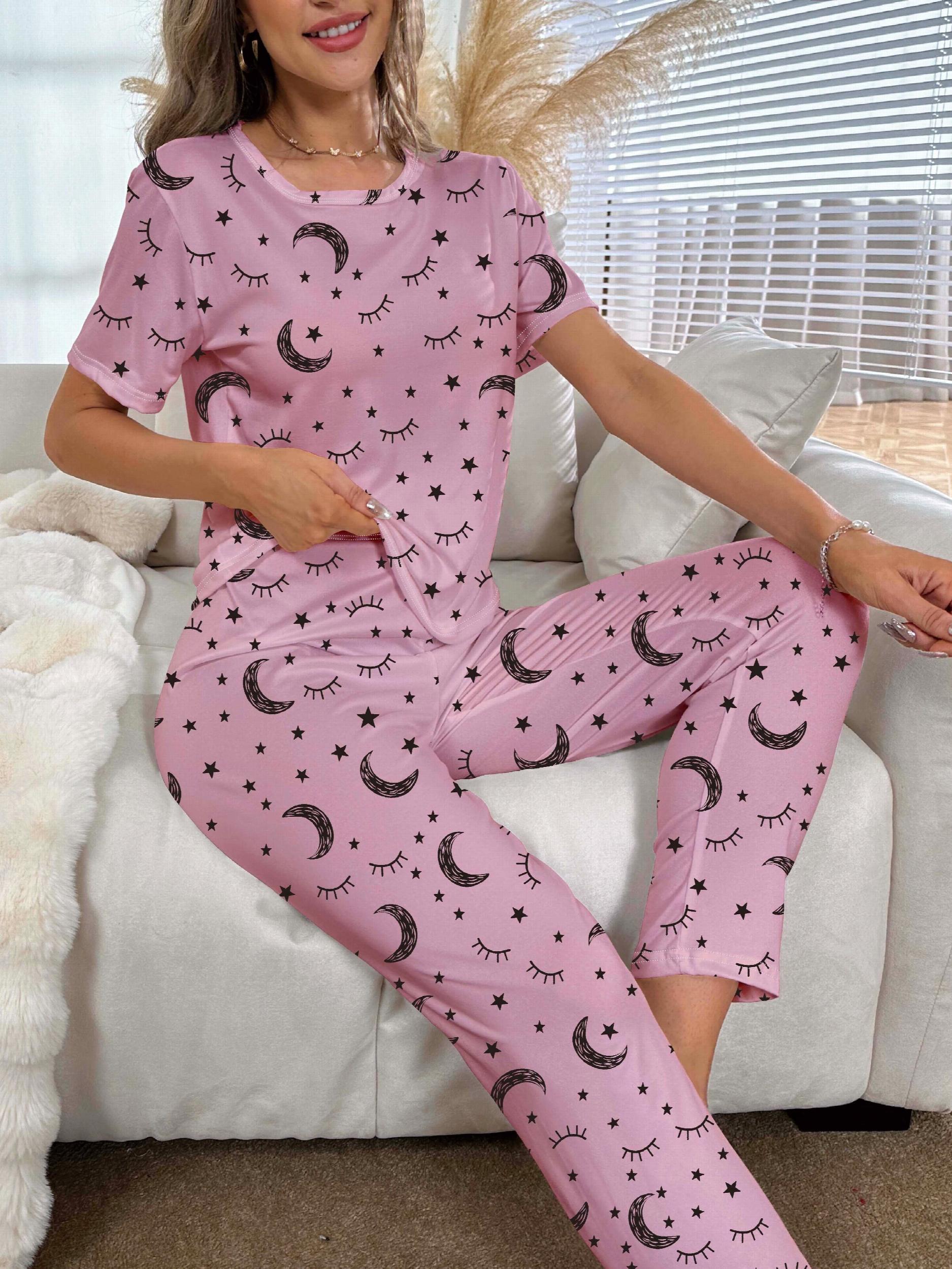 Moon & Eyelashes Pajama Set Short Sleeve Crew Neck Top & Pants Women's Sleepwear
