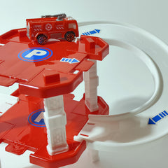 17pcs Red Fire Building Set with Car and Tree, City Parking Garage Toy