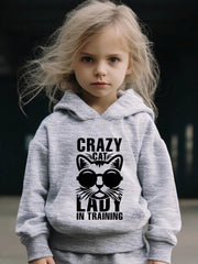 Cartoon Cat Pattern Hooded Sweatshirt and Sweatpants Set for Girls