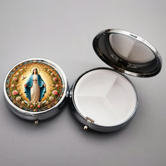 Virgin Mary Metal Pill Box 3 Compartment Portable Organizer