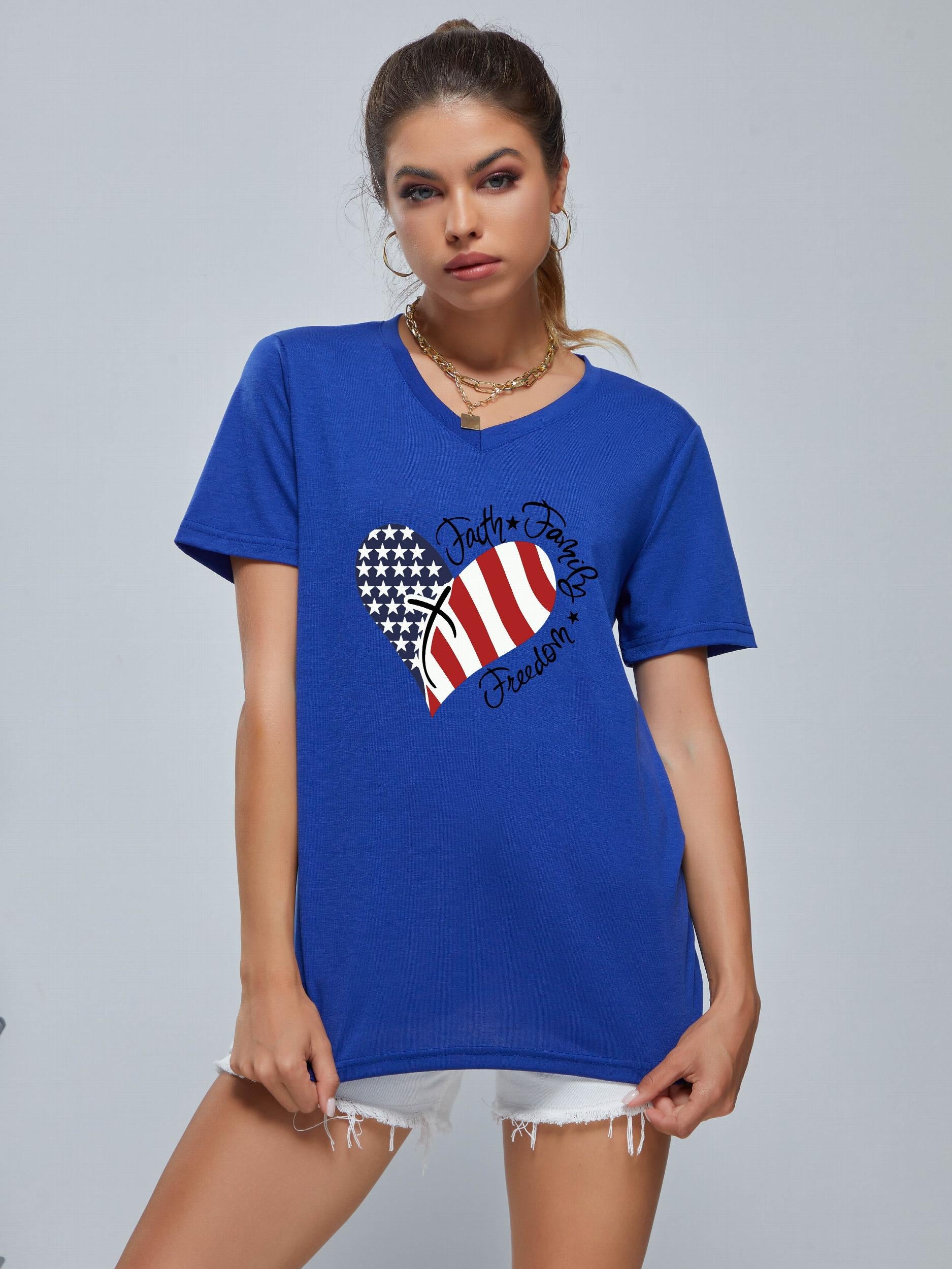 Love Heart Print Short Sleeve T shirt With American Flag Element