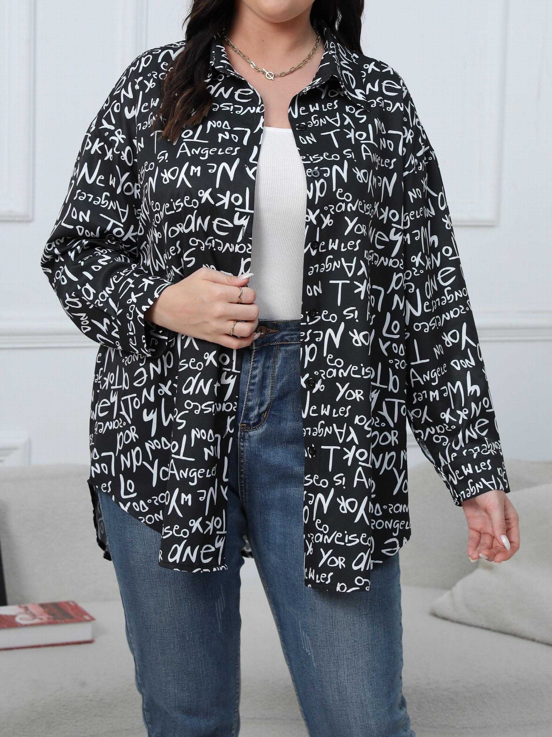 Casual Blouse Women's Plus Graffiti Print Long Sleeve Button Up Shirt