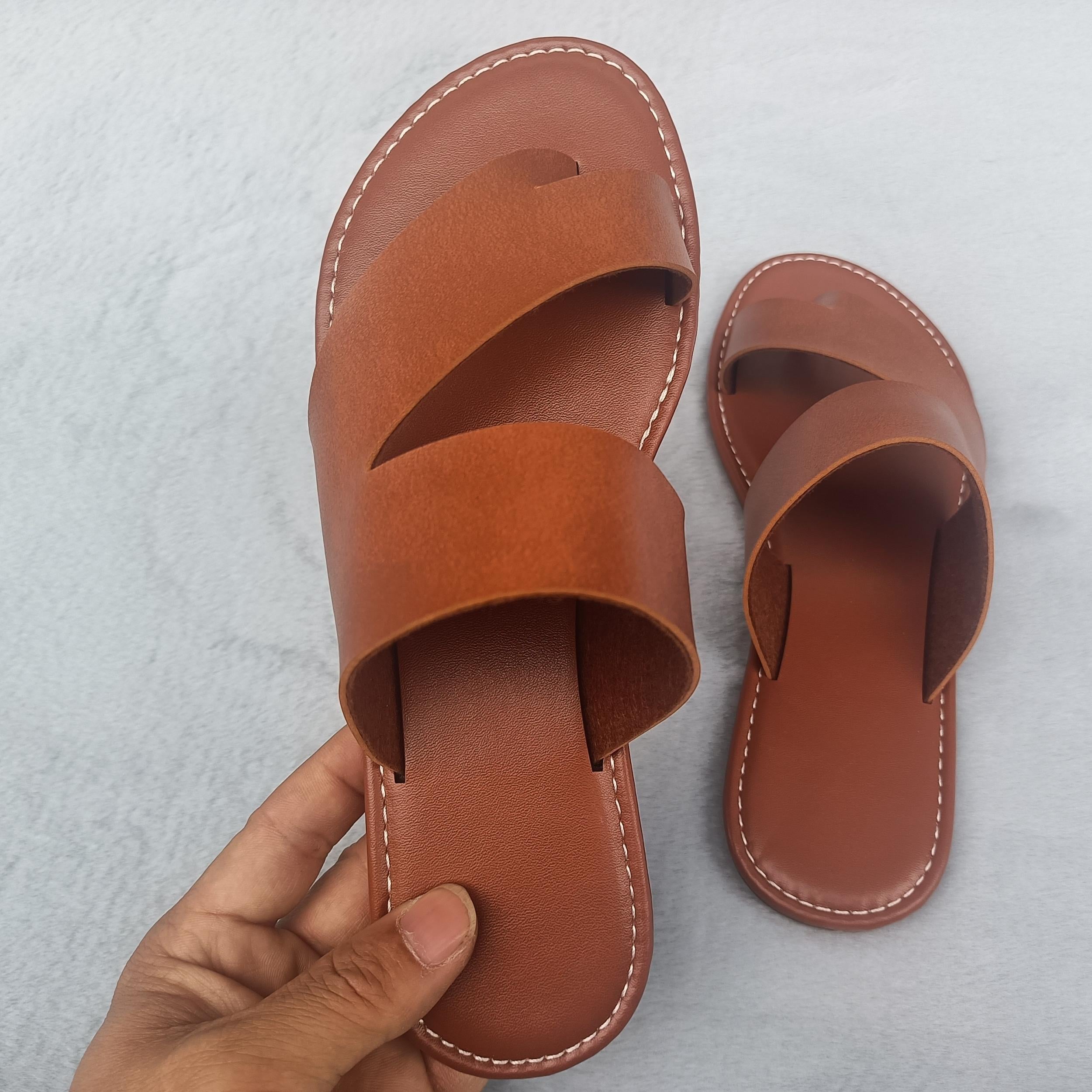 Women's Toe Loop Flat Slides Roman Style Non Slip Shoes