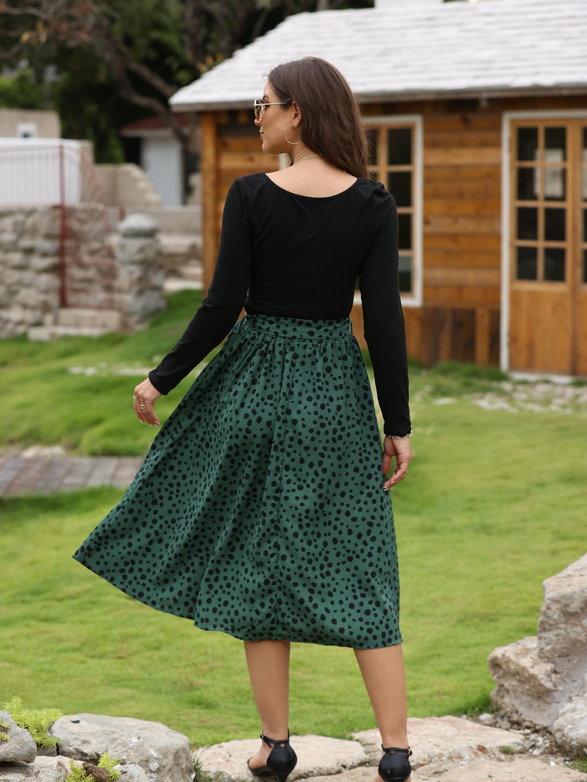 Casual Daily 2pc Set Crew Neck Long Sleeve Tops & Dalmatian Print Skirts