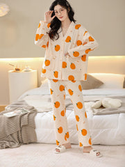 Fruit Print Pajama Set Long Sleeve Buttons Top & Elastic Waistband Pants