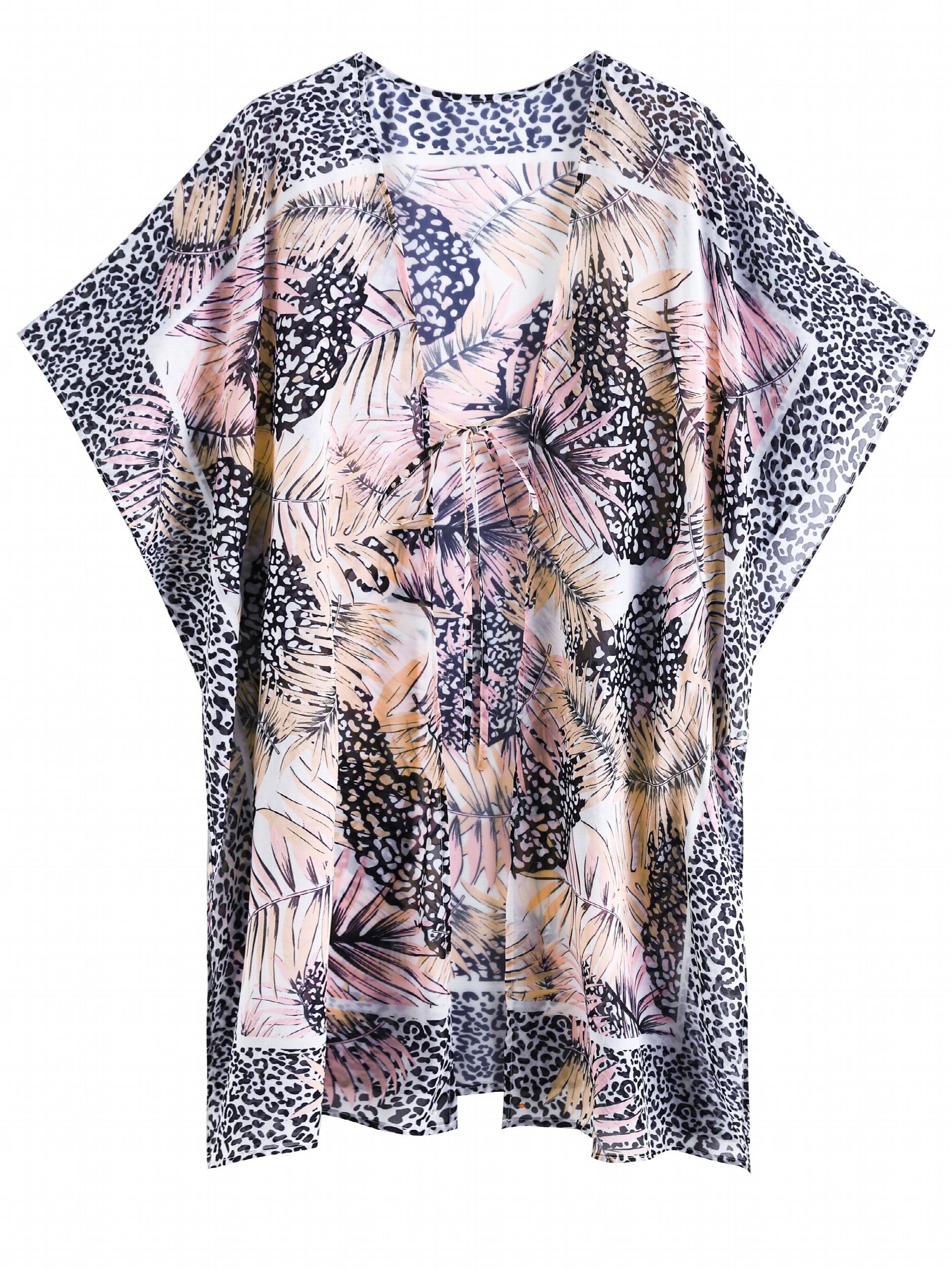 Leopard & Leaf Print Cover Up Blouse Loose Fit V Neck Non Stretch