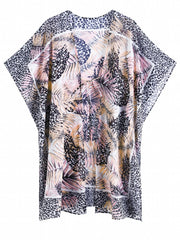 Leopard & Leaf Print Cover Up Blouse Loose Fit V Neck Non Stretch