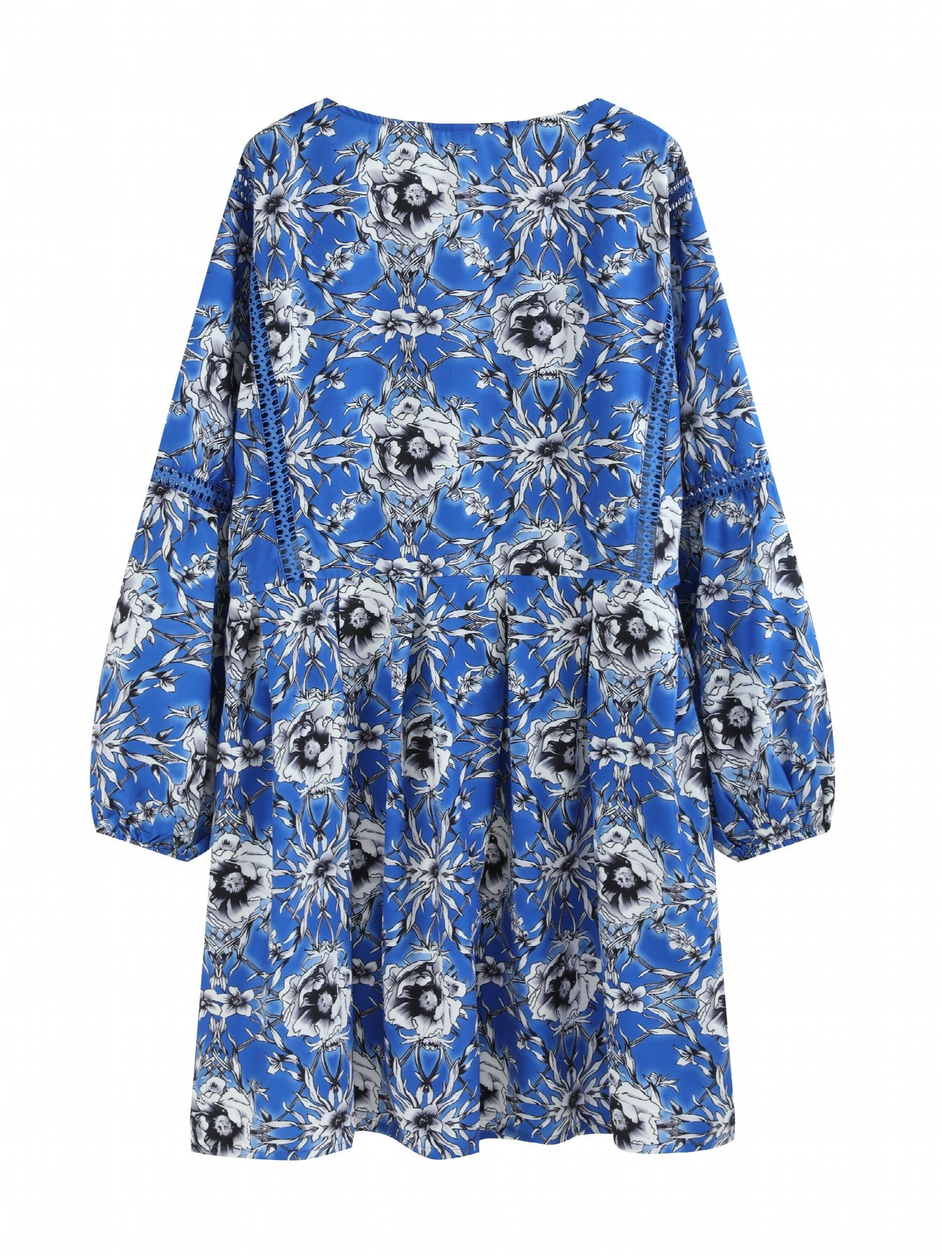 Floral Print Lantern Sleeve V Neck Mini Dress