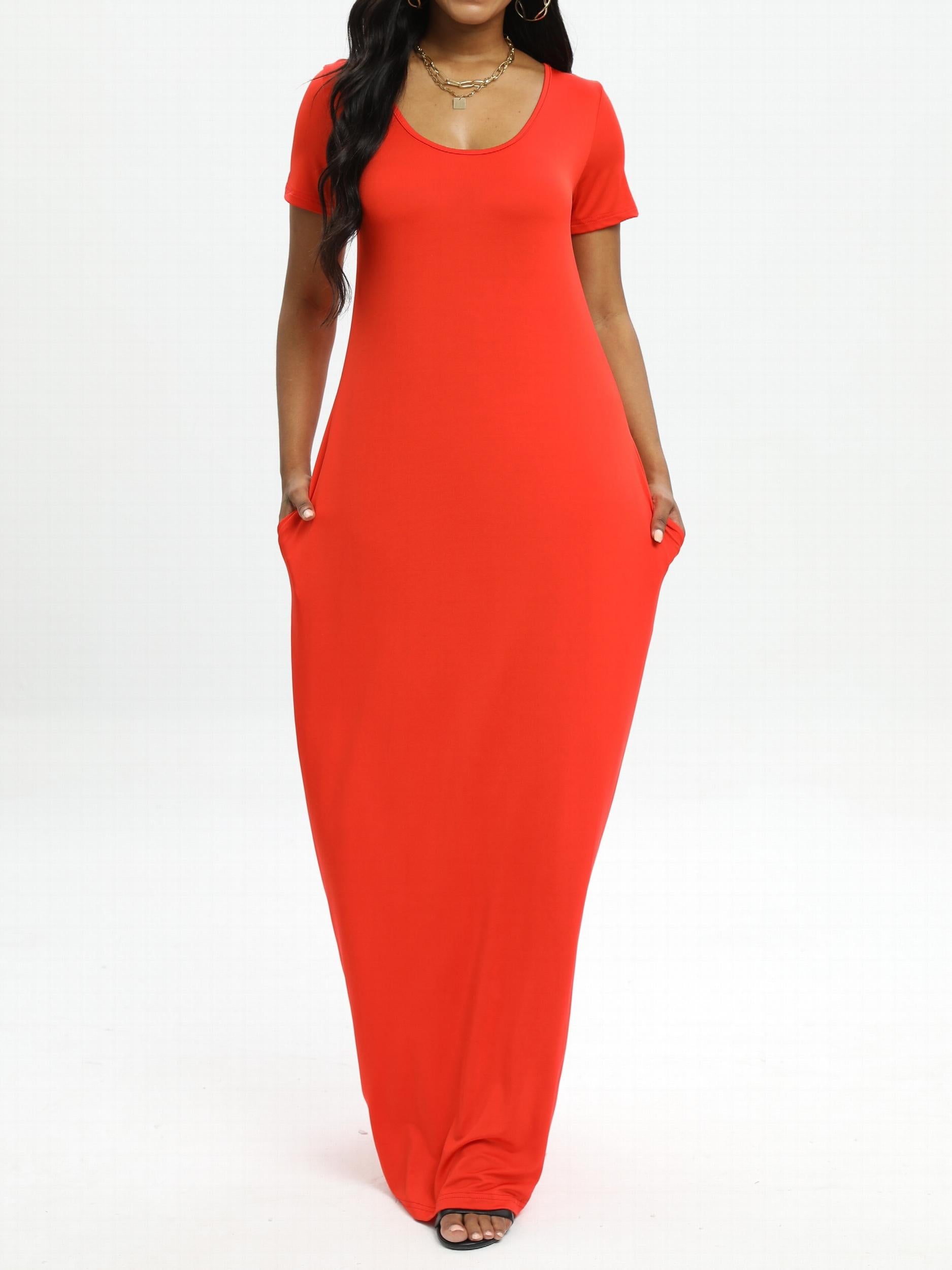 Solid V Neck A Line Short Sleeve Maxi T shirt Dress