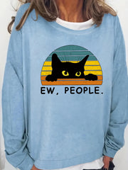 Cat & Letter Print Crew Neck Sweatshirt for Women