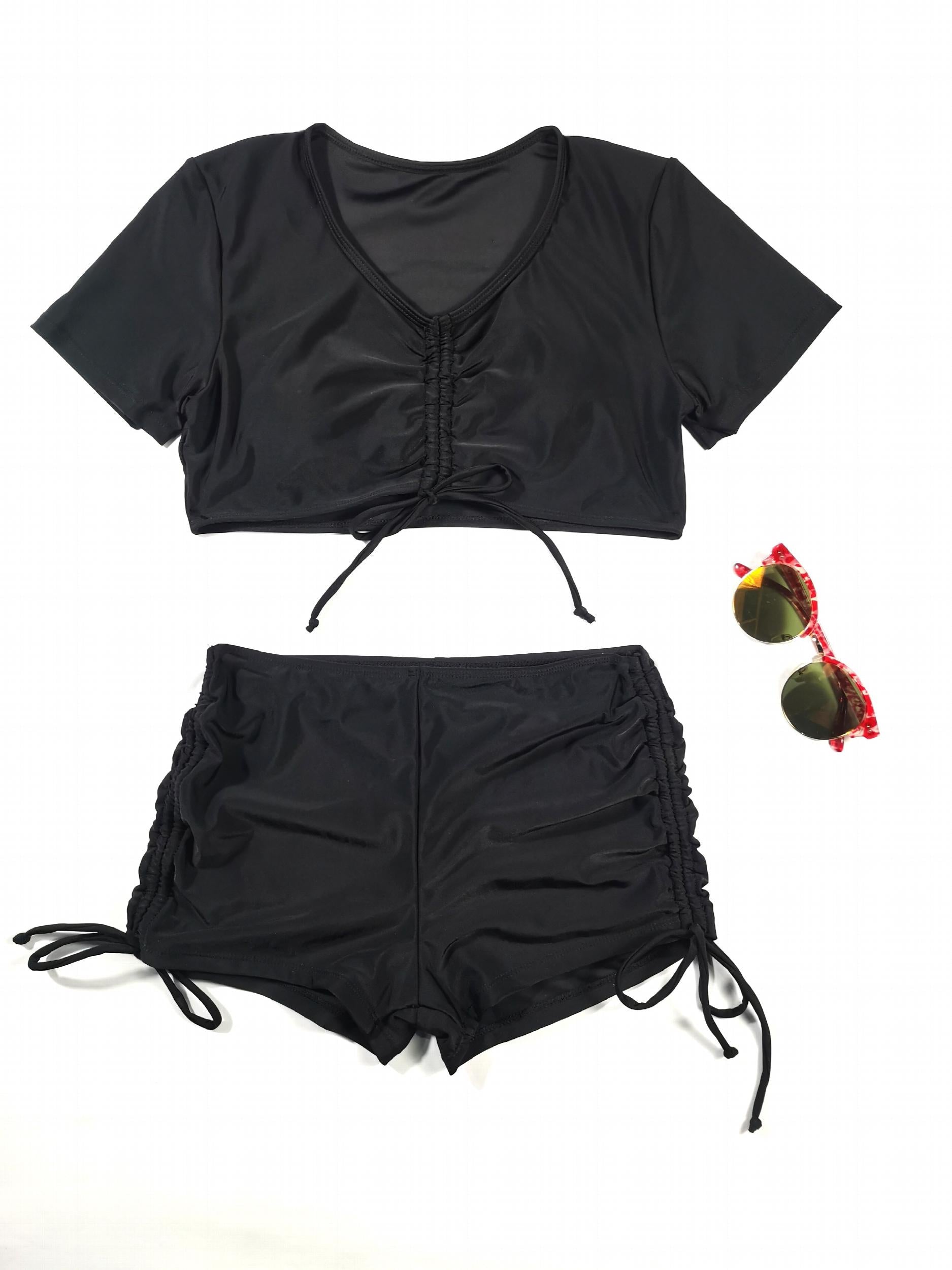 Black Drawstring Swimsuit High Waist Tie Side Stretchy Two Piece Swimsuit