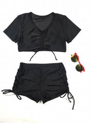 Black Drawstring Swimsuit High Waist Tie Side Stretchy Two Piece Swimsuit