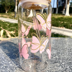 Golden Edge Pink Butterfly Tumbler Cup with Lid and Straw