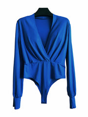 Plunging Surplice Neck Solid Bodysuit Long Sleeve Women's Clothing