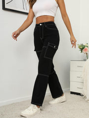 High Waist Straight Jeans Flap & Slash Pockets Wide Leg Loose Fit High Rise