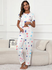 Heart Print Pajamas Set Short Sleeve Tee & Lounge Pants Women's Sleepwear