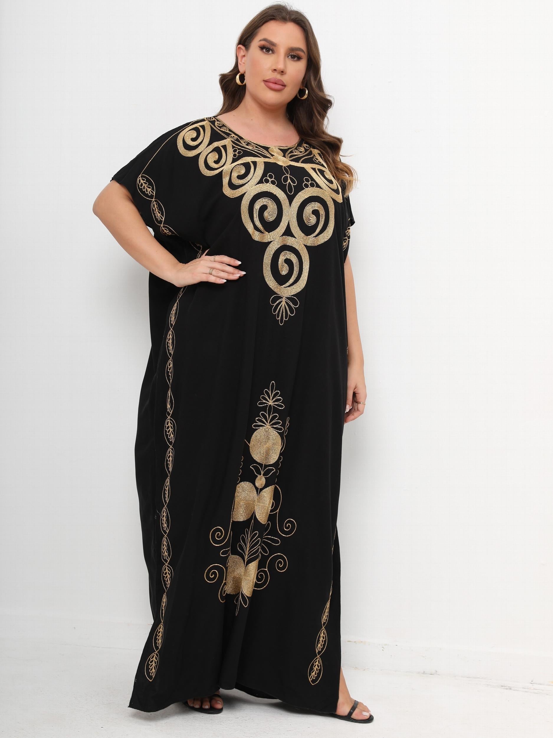 Embroidered Batwing Sleeve Maxi Kaftan Dress