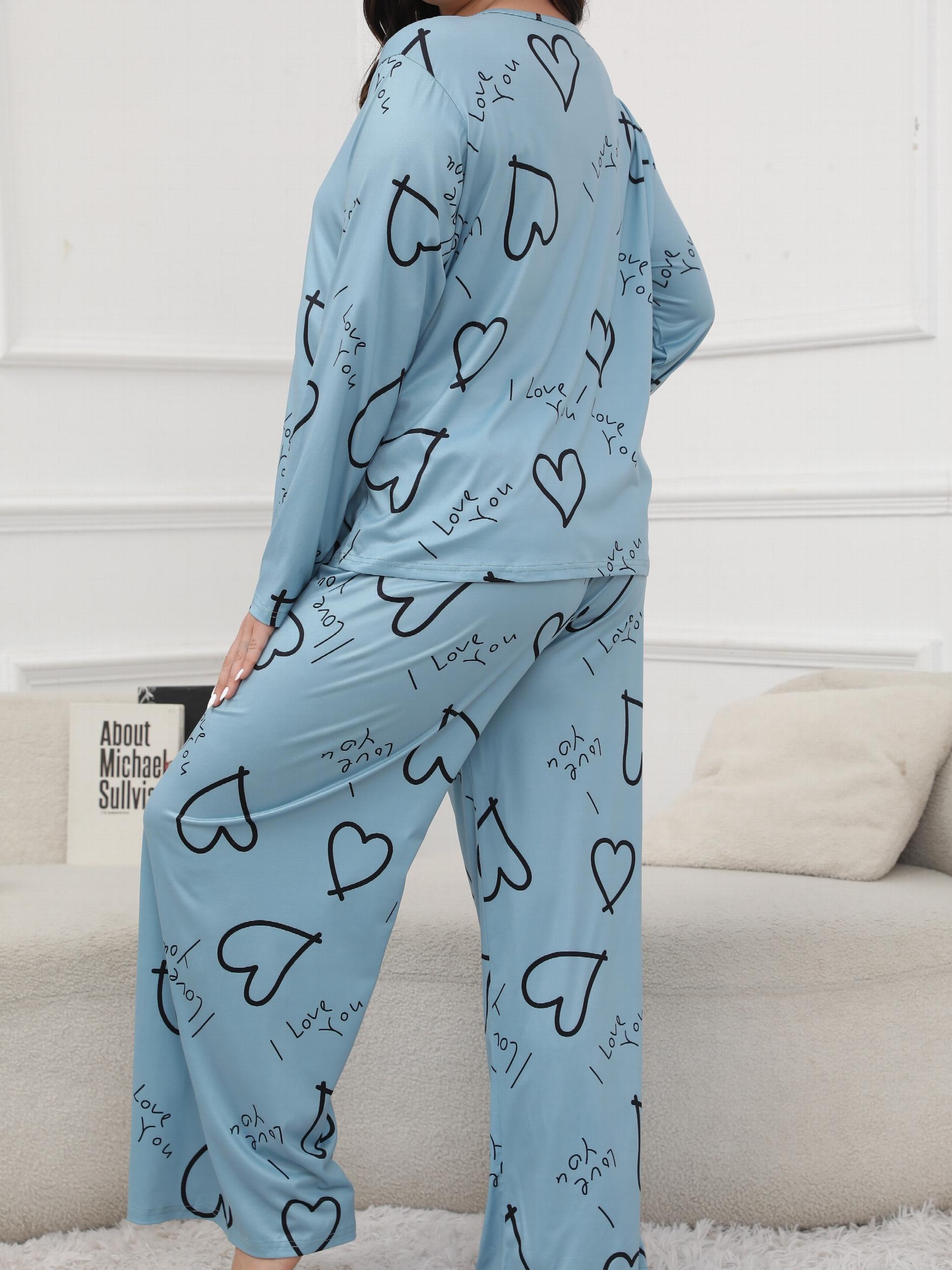 Heart & Letter Print Pajama Set Long Sleeve Tee & Pants Lounge 2 Pc