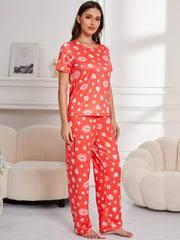 Heart & Lip Print Pajama Set Crew Neck Top & Lounge Pants