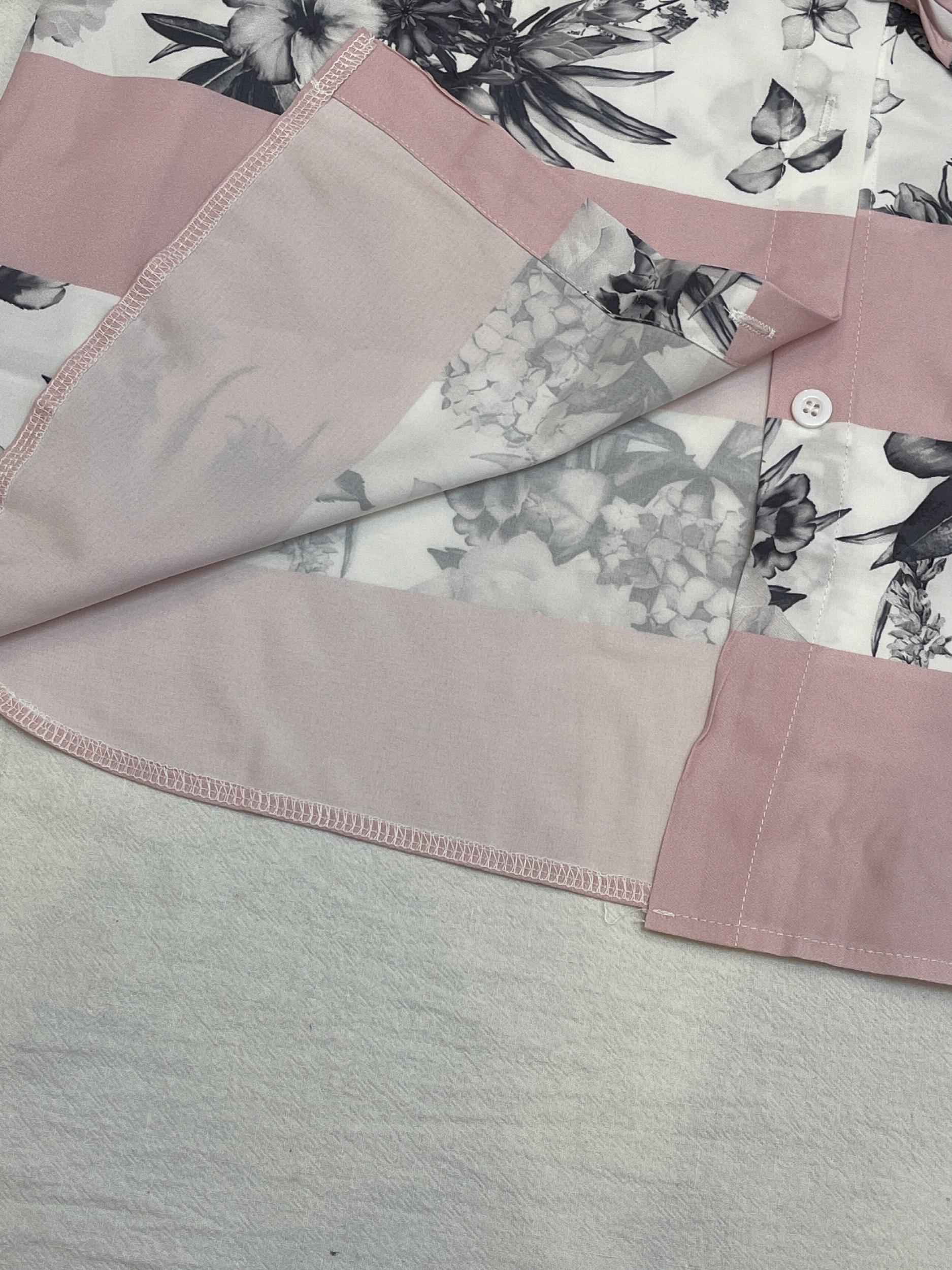 Colorblock Floral Print Button Up Blouse