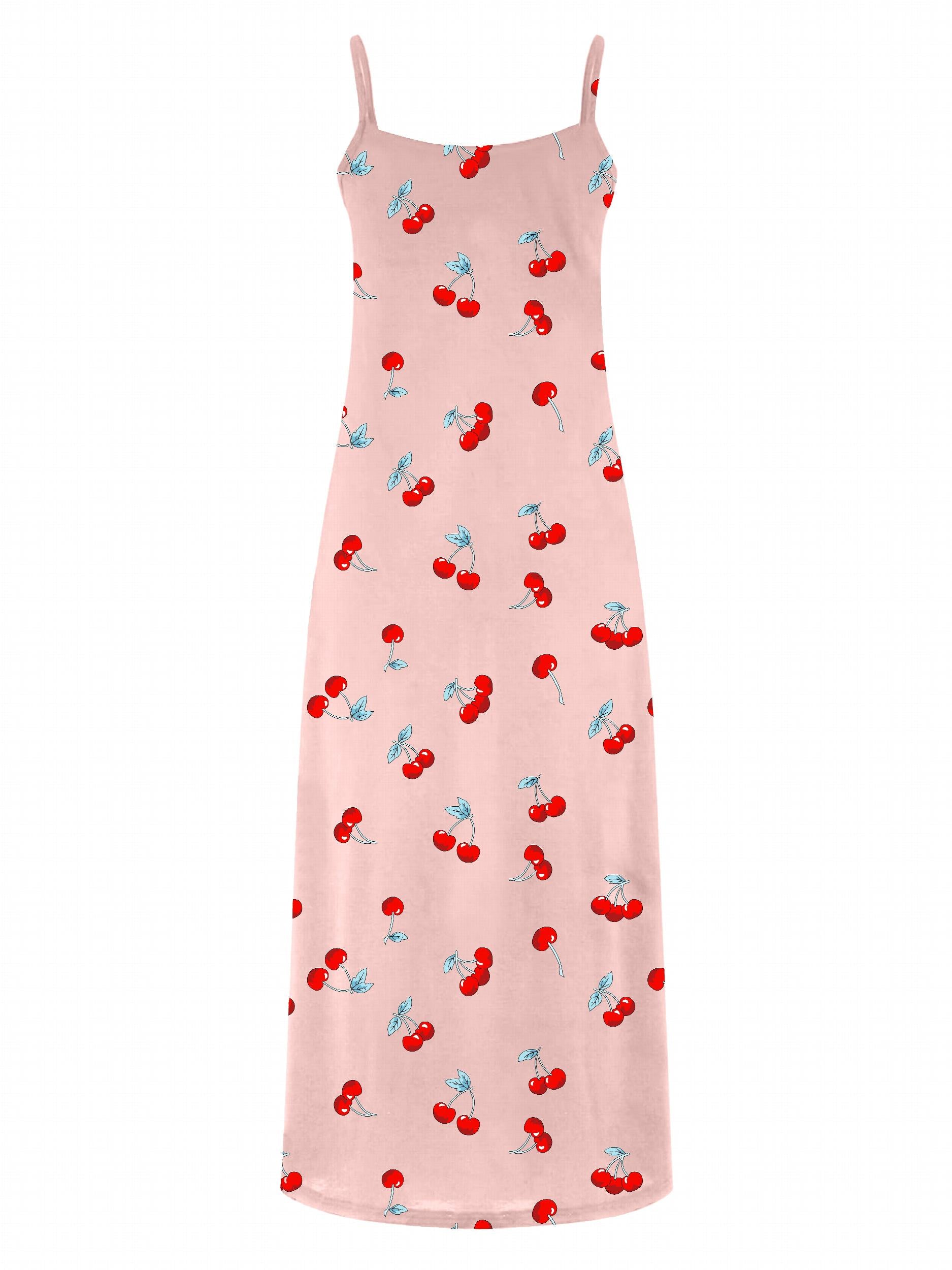 Casual Dress Women's Plus Cherry Print V Neck Maxi Cami Dress