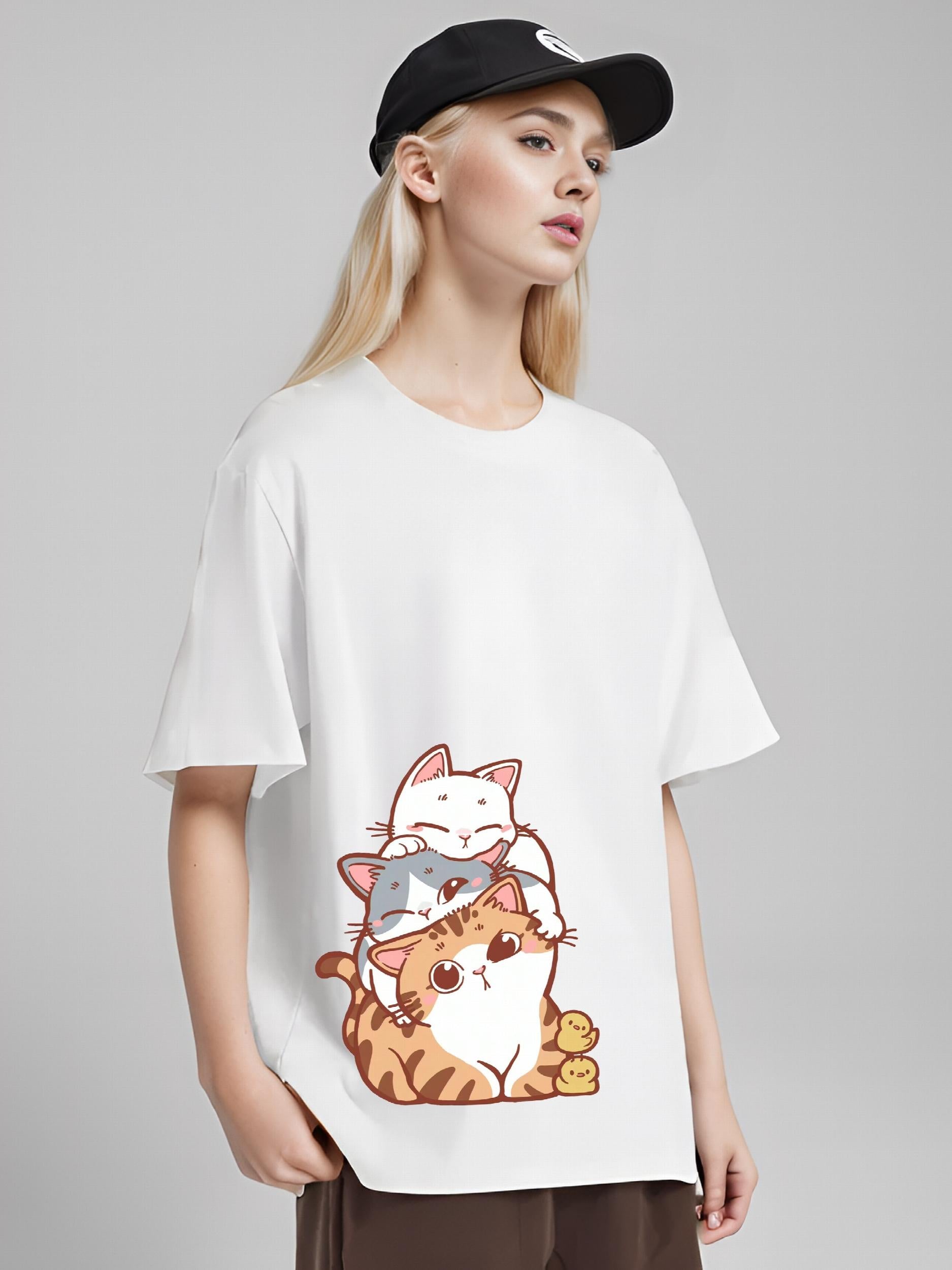 Cat Graphic Casual Short Sleeve Top Cartoon Print Sports T-shirt