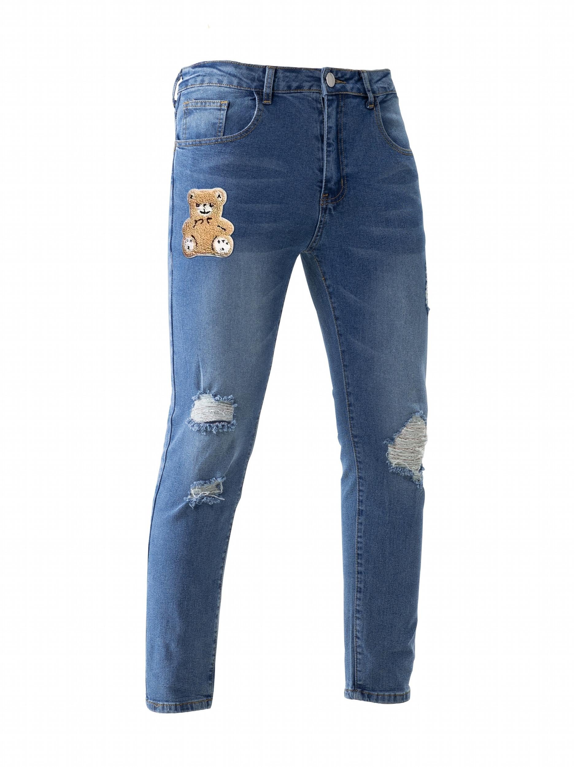 Cartoon Bear Flock Print Ripped Jeans Street Style Denim