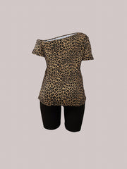 Plus Leopard Print Top & Ripped Shorts 2 Piece Set