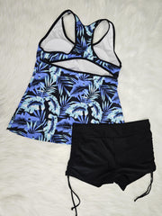 Vacay Tankini Set Tropical Print Racer Back Top & Lace Up Shorts Swims