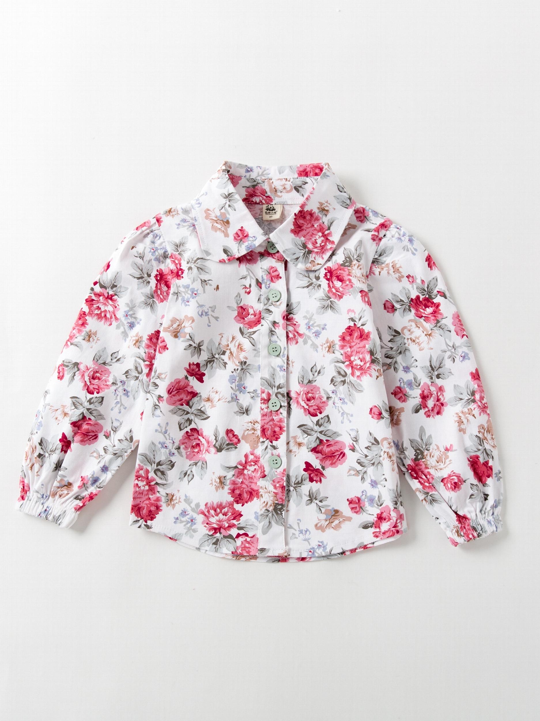 Girls Floral Lapel Shirt Elastic Cotton Top