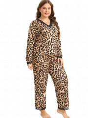 Sexy Pajama Set Leopard Print Lace Trim Top & Pants Two Piece
