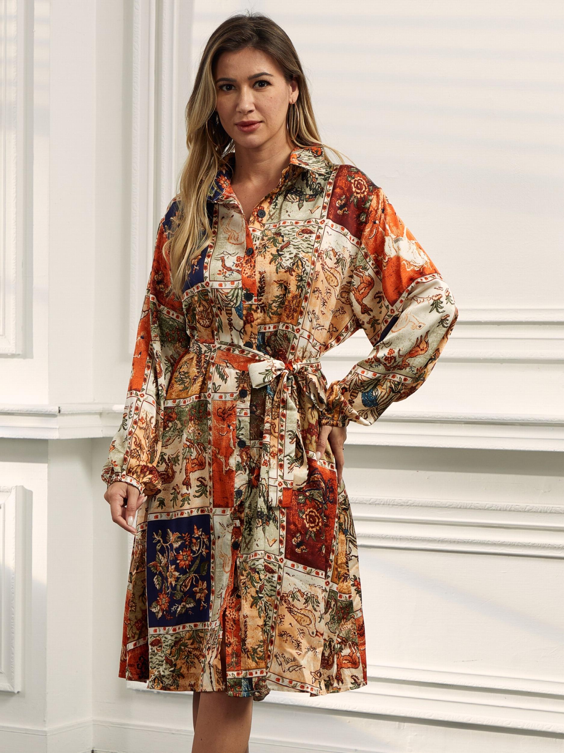 Colorblock Painting Print Shirt Dress With Belt
