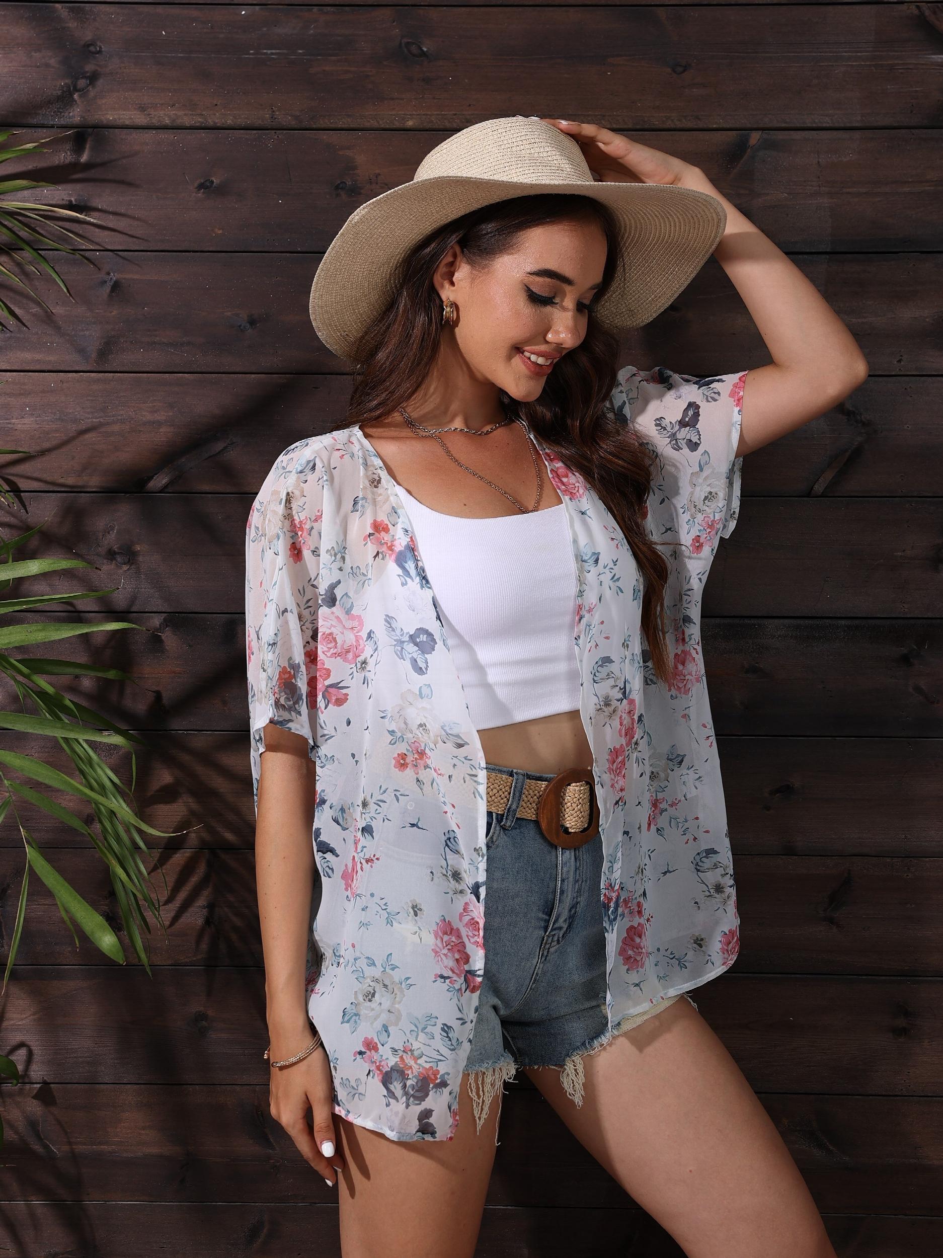 Floral Print Batwing Sleeve Kimono Cardigan Semi Sheer Chiffon Coverup