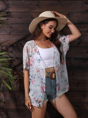 Floral Print Batwing Sleeve Kimono Cardigan Semi Sheer Chiffon Coverup