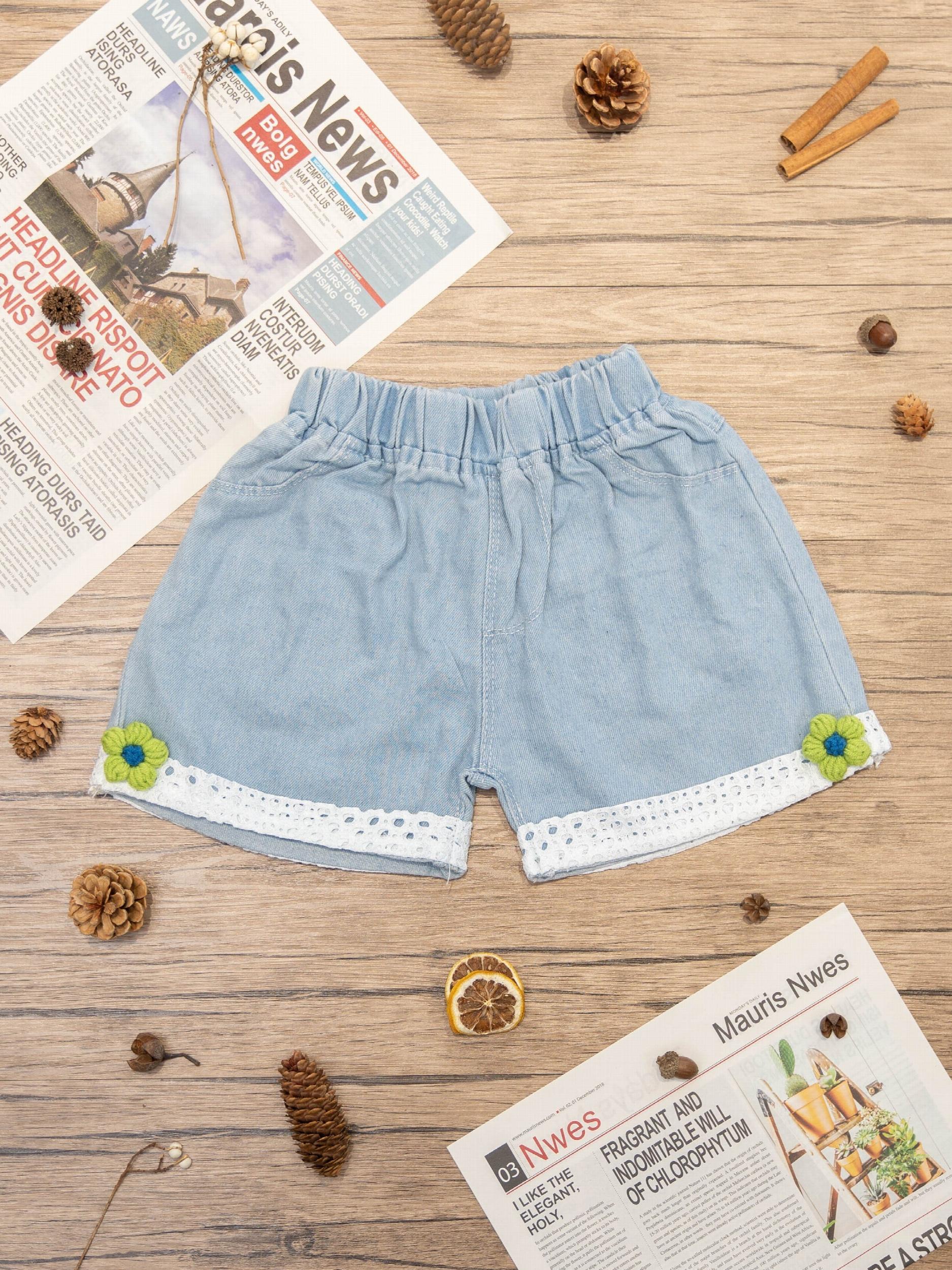 Girls' Denim Shorts With Lace Fringes And Flower Decor