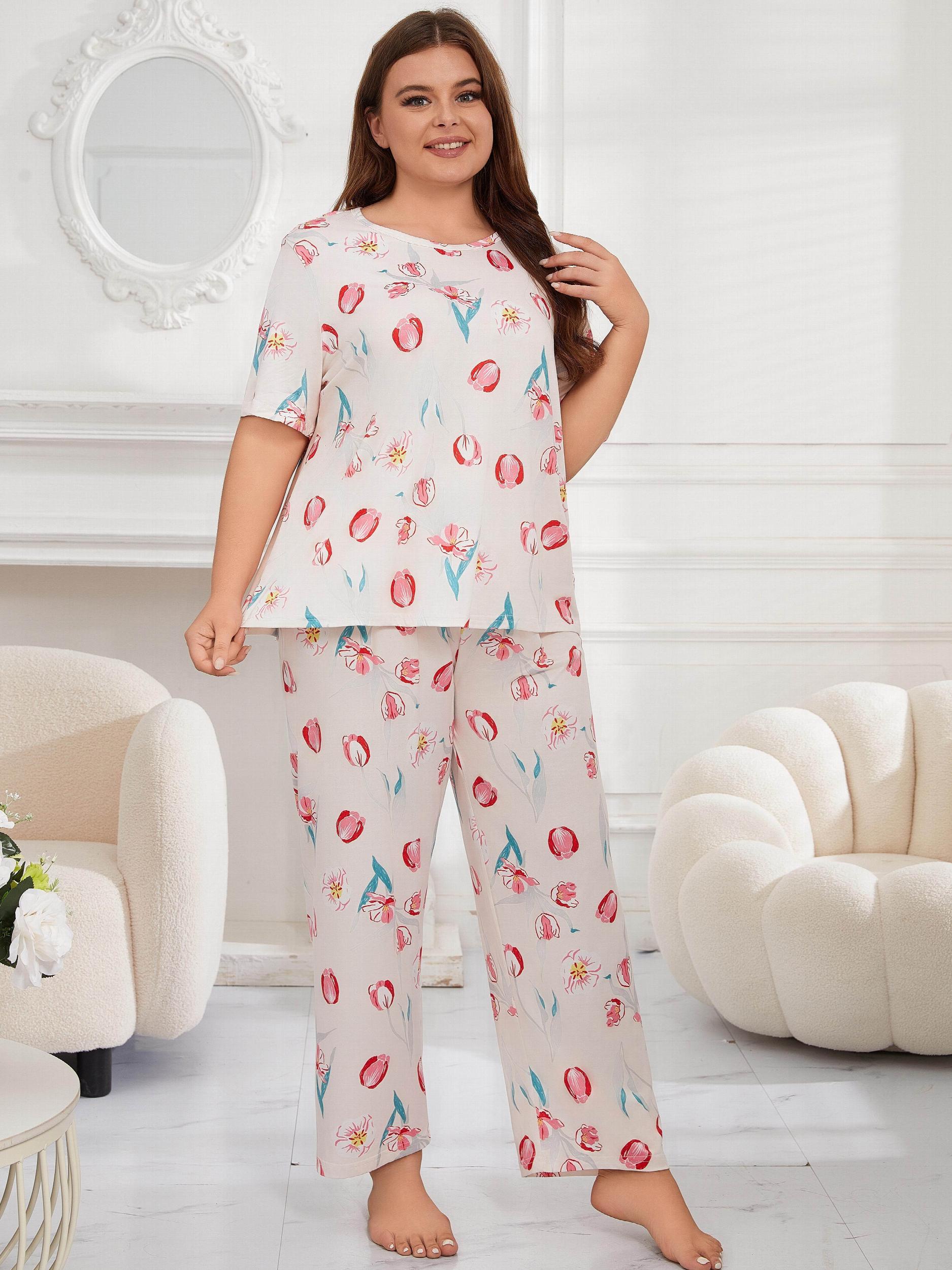 Tulip Print Short Sleeve Tee & Pants Pajamas Set