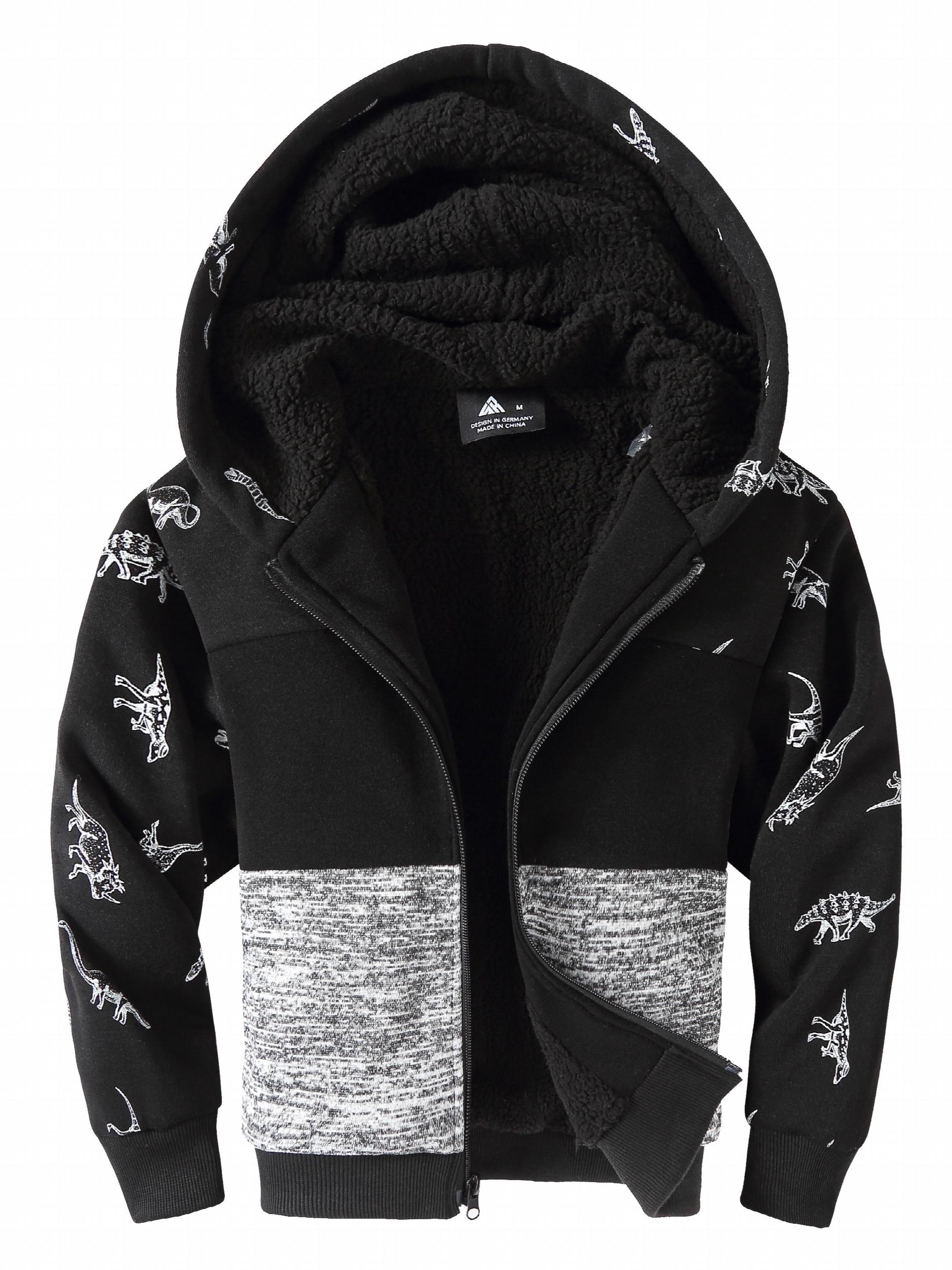 Boys Thick Hooded Sweatshirt Coat Kids Print Zip Up Outdoor Casual Warm Jacket