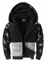 Boys Thick Hooded Sweatshirt Coat Kids Print Zip Up Outdoor Casual Warm Jacket