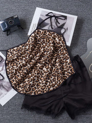 Leopard Print Pajama Set Halter Lace Up Cami Top & Lace Trim Shorts