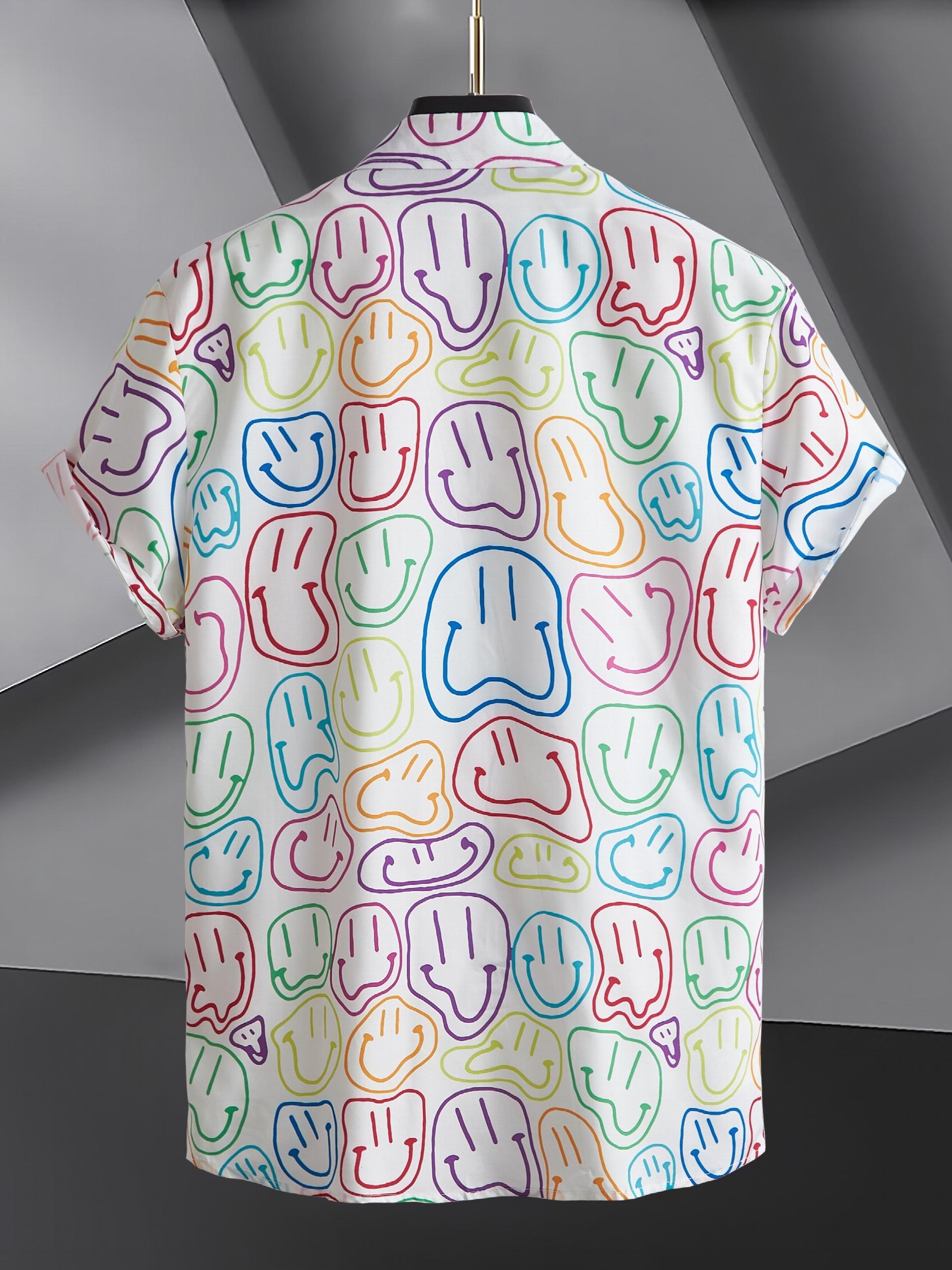 Colorful Smiling Face Men's Short Sleeve Button Up Shirt