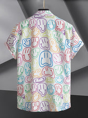 Colorful Smiling Face Men's Short Sleeve Button Up Shirt