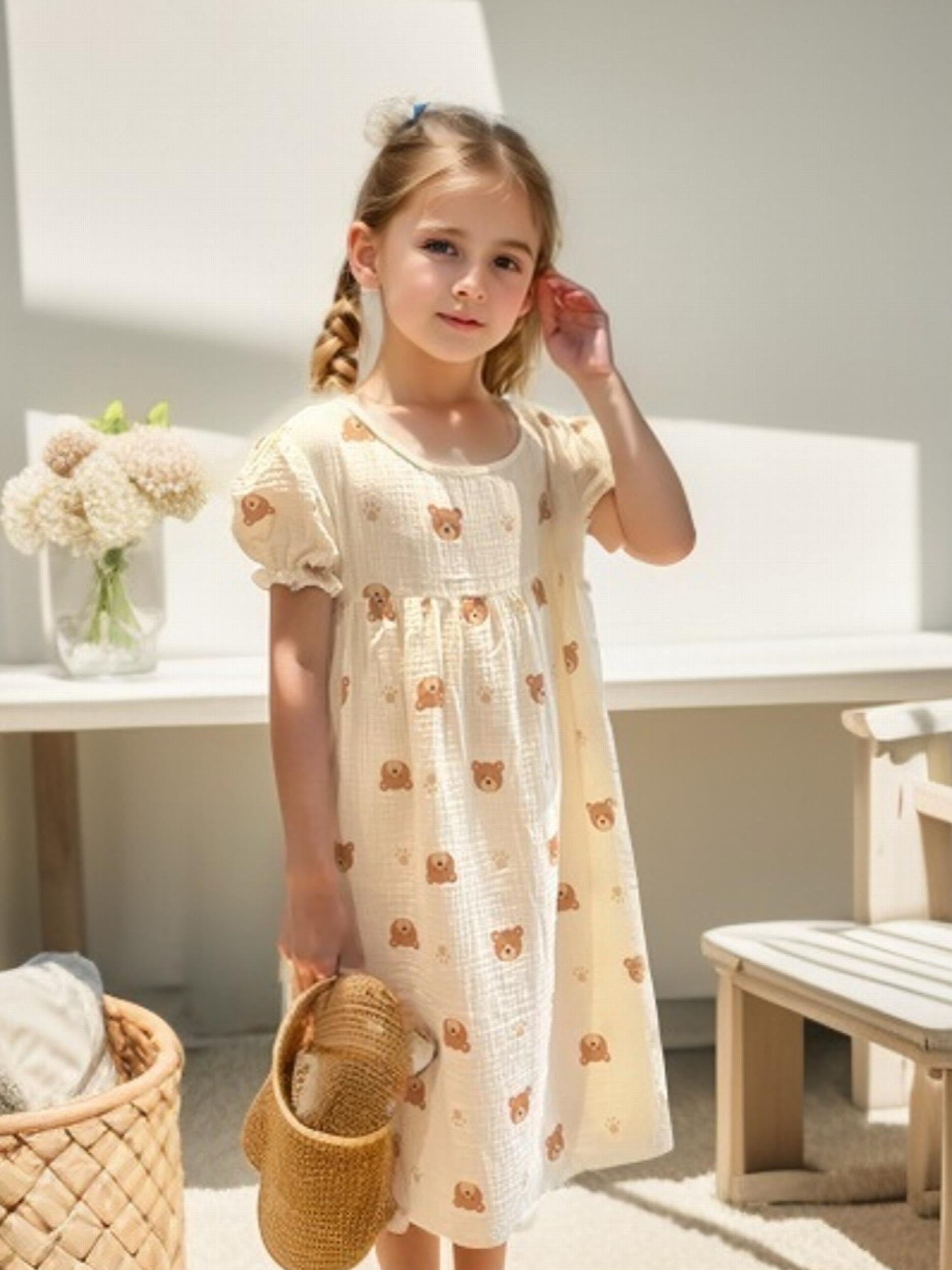 Toddler Girls Ruffle Sleeve Pajamas Robe Bear Graphic Nightdress