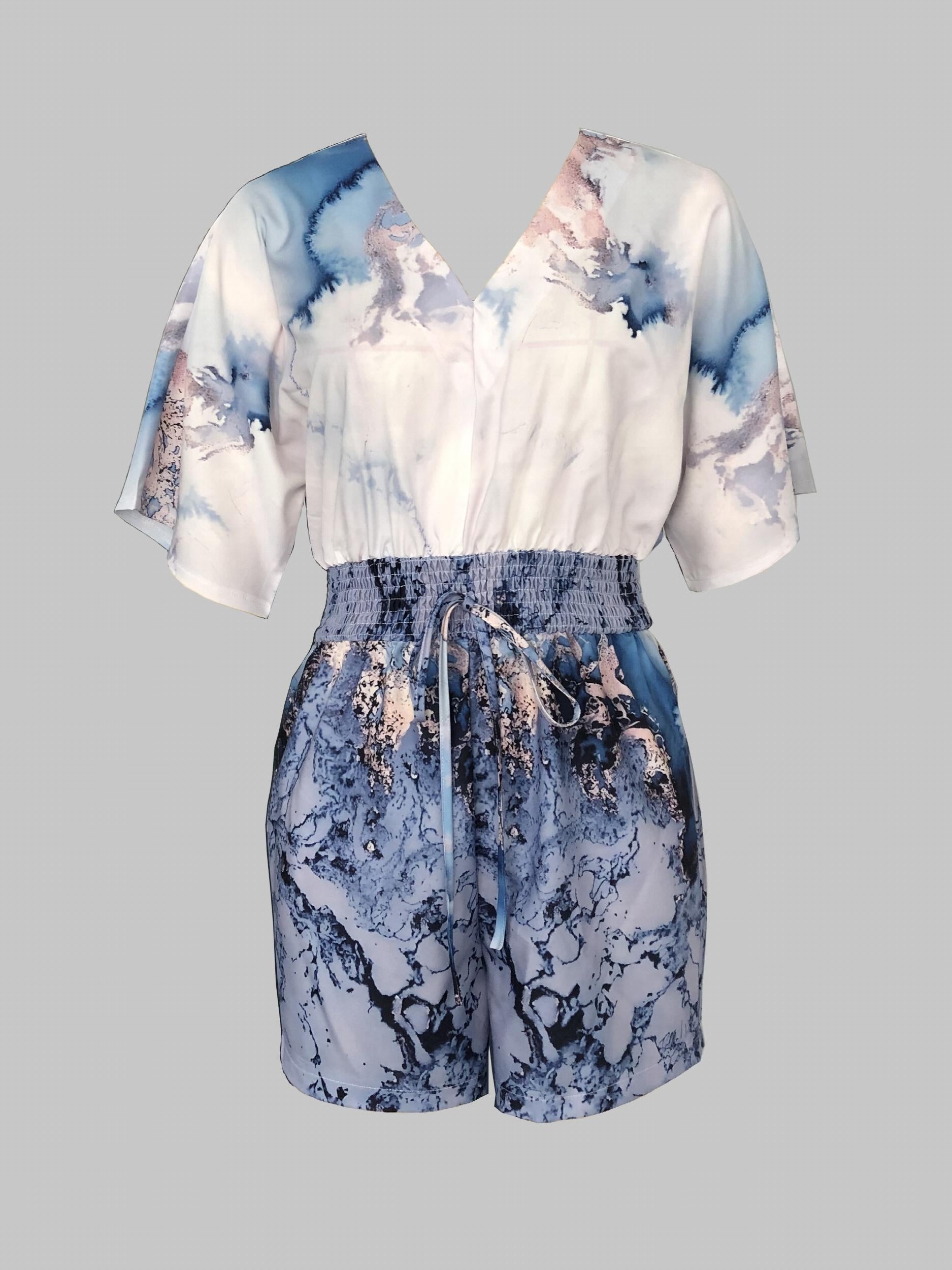 Geometric Print V Neck Drawstring Romper Jumpsuit Casual Batwing Sleeve Jumpsuit