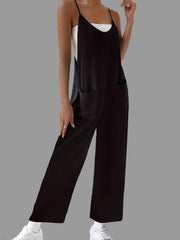 Solid Suspender Jumpsuit Casual V Neck Wide Leg Jumpsuit With Pockets