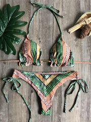 Colorblock Triangle Bikini Set Halter Neck High Cut Swimsuit
