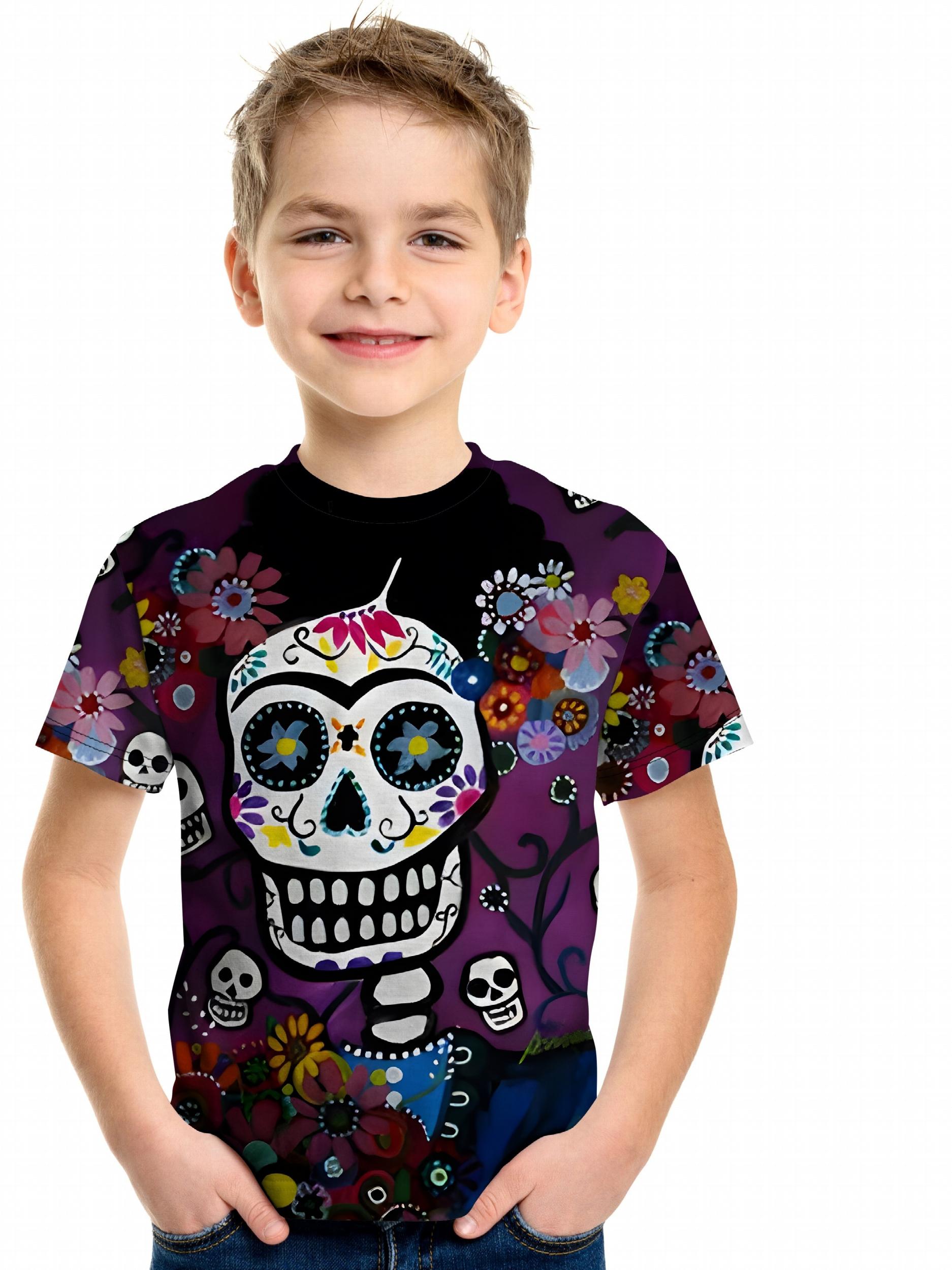 Boys Skull Floral Print T-shirt Short Sleeve Crew Neck Top