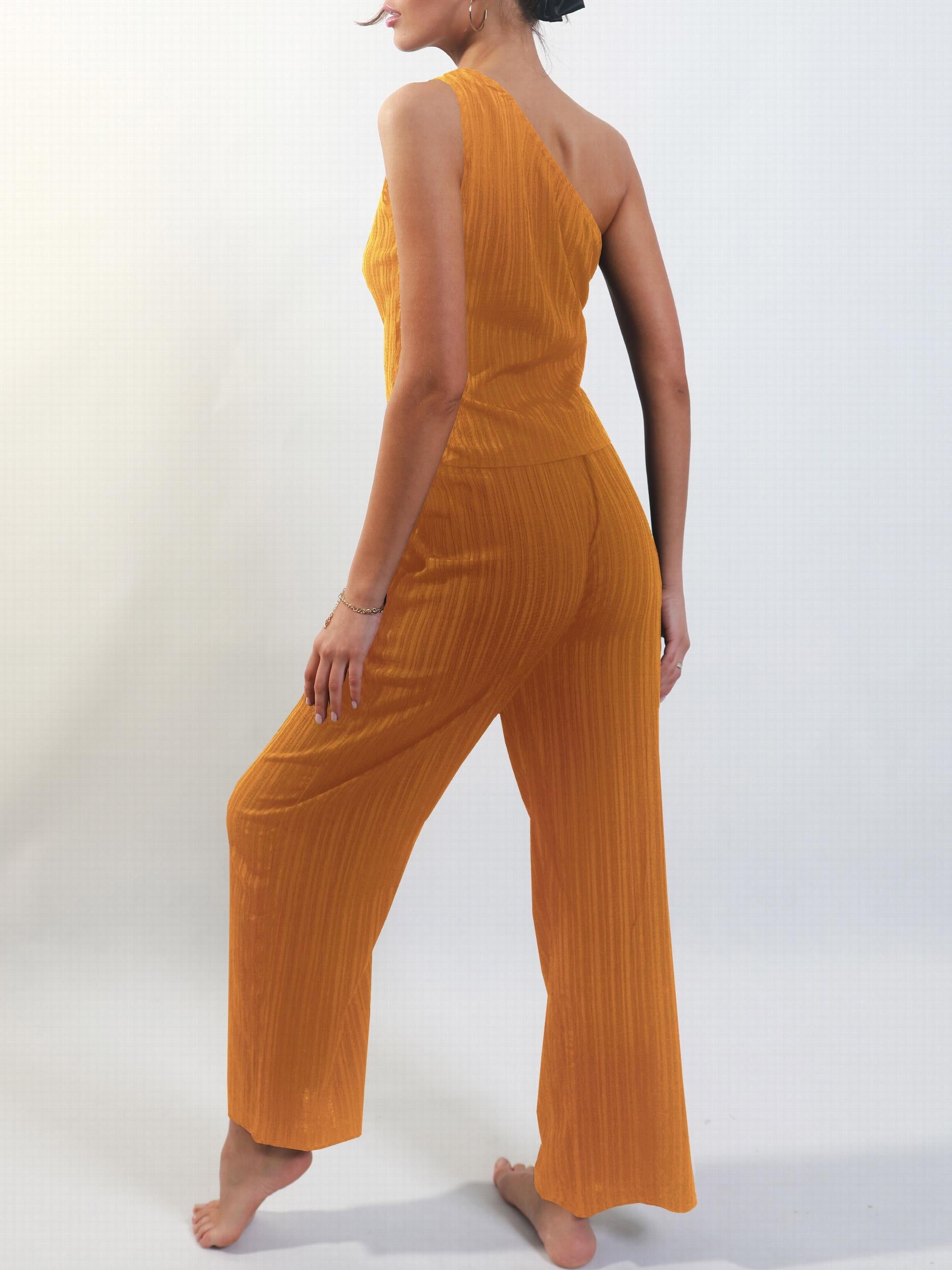 Ribbed Two piece Set One Shoulder Top & Wide Leg Pants
