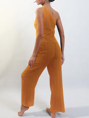 Ribbed Two piece Set One Shoulder Top & Wide Leg Pants