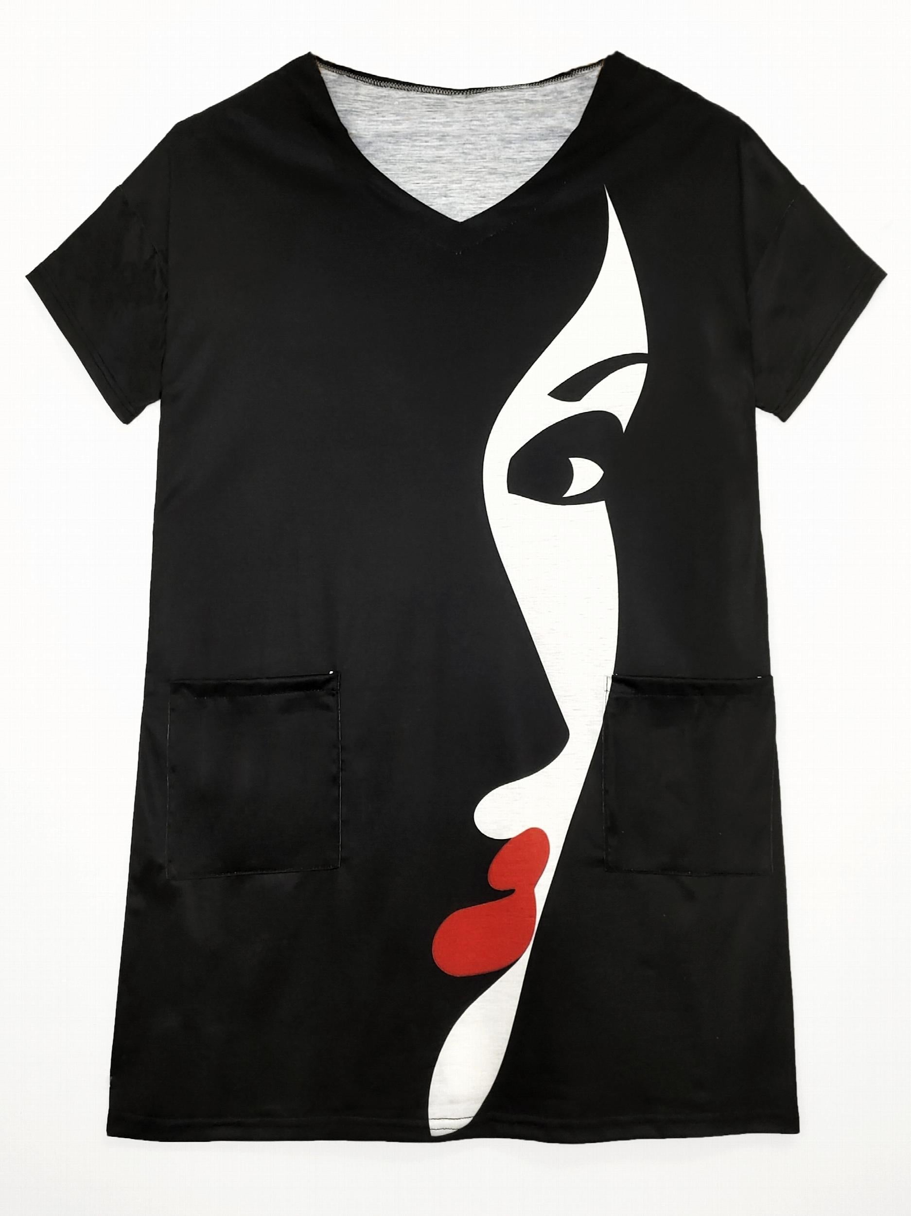Colorblock Abstract Figure Print V Neck Stretch Dress