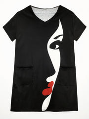 Colorblock Abstract Figure Print V Neck Stretch Dress